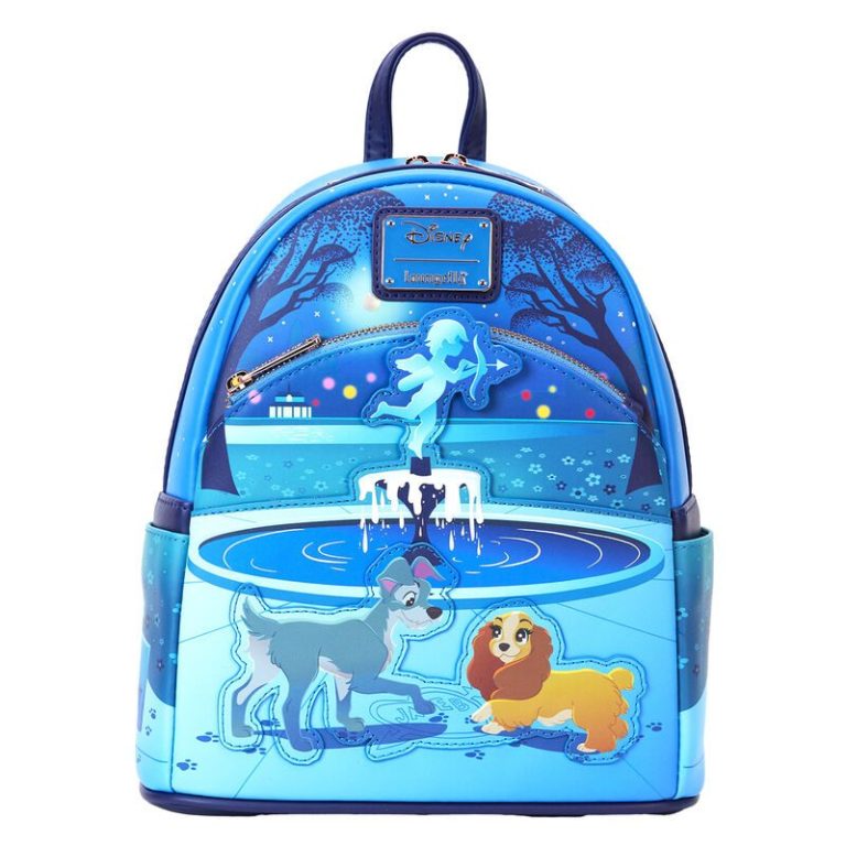 dama y el vagabundo Mochila azul con diseño de perros junto a una fuente, estilo artístico.