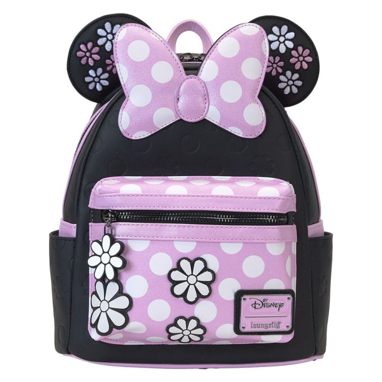 minnie Mochila rosa con lunares, lazos y orejas de ratón, decorada con flores.