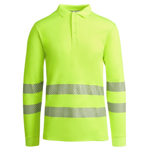 ropa laboral Camisa de polo de manga larga color verde fluorescente con franjas reflectantes.