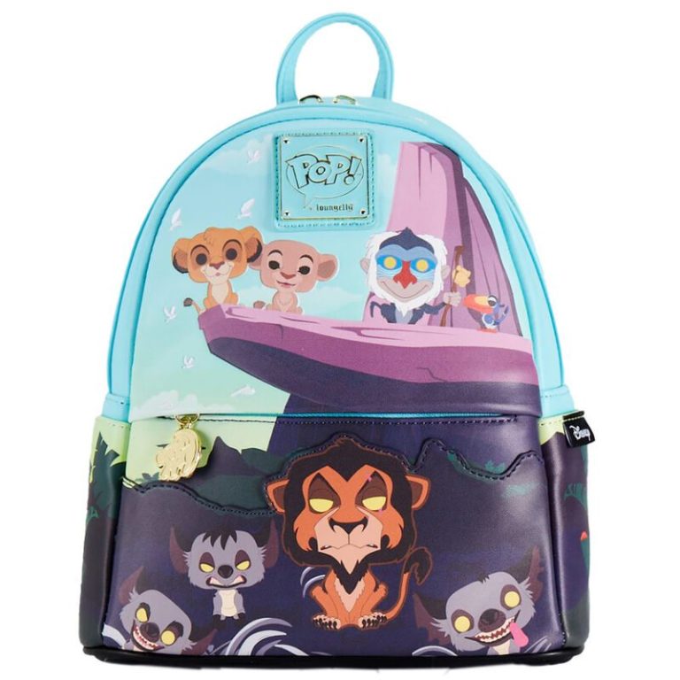 el rey leon Mochila con personajes animados, incluyendo un león y otros animales de la selva.